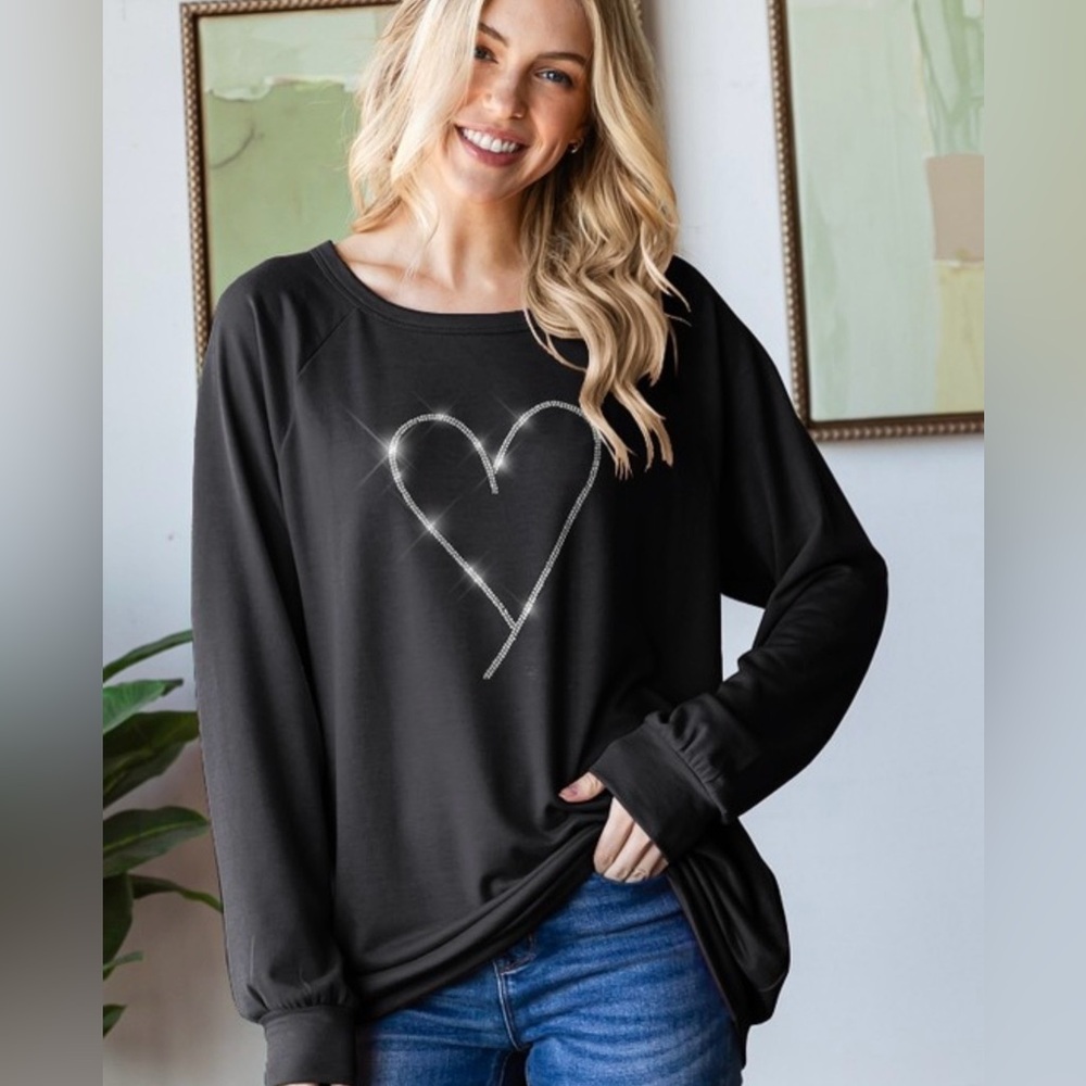 Rhinestone Heart Pullover - Black